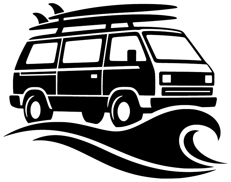 Black surf van vinyl decal graphic with van and curved wave lines