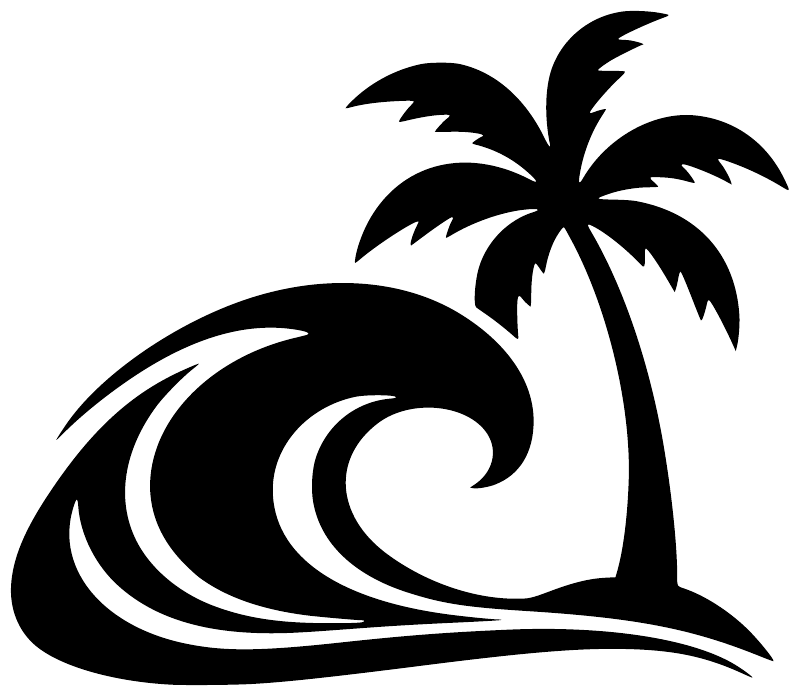 Black palm tree and surf wave vinyl decal on white background
