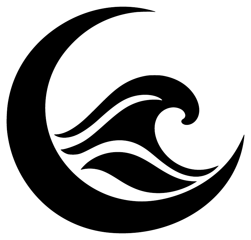 Vinyl decal close-up: black moon shape with white wave strokes