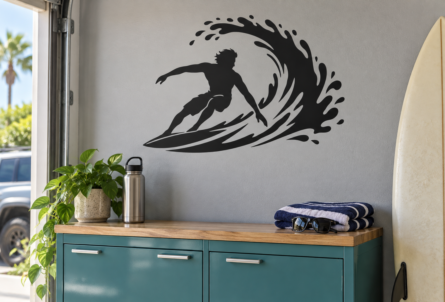 Surfer silhouette vinyl decal: black surfer riding a wave
