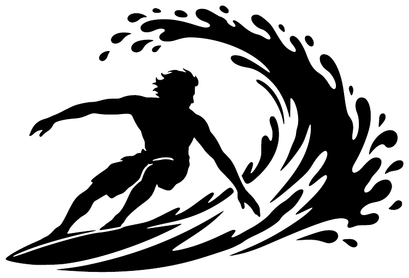 Black surfer silhouette vinyl decal with sweeping wave splash