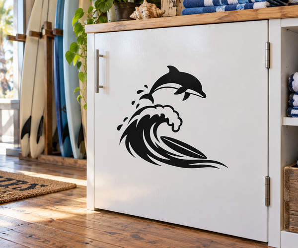 Dolphin and wave surf vinyl decal, black silhouette with white cutout details
