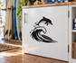 Dolphin and wave surf vinyl decal, black silhouette with white cutout details