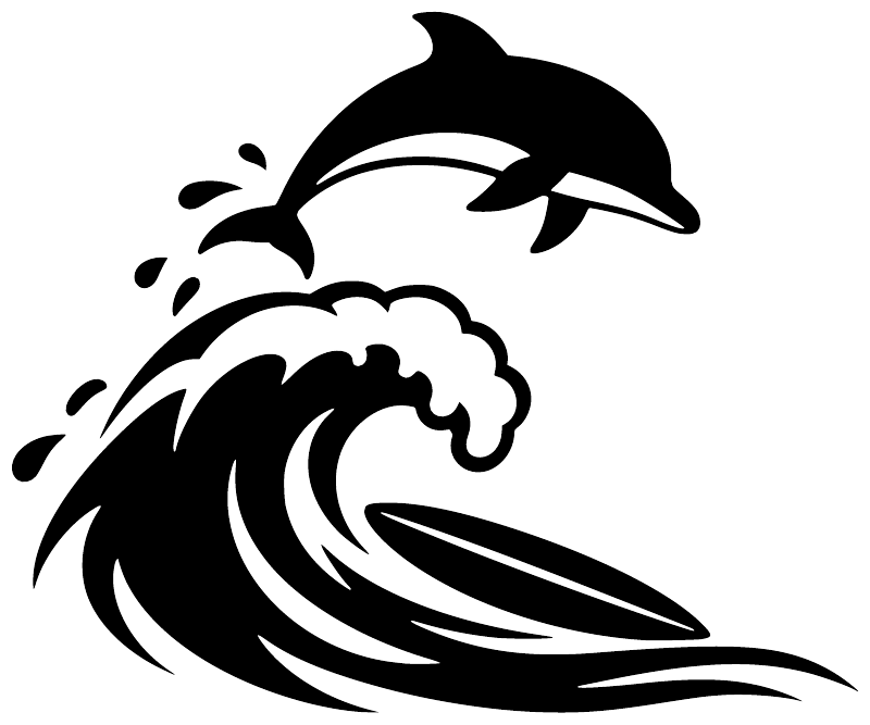 Surf vinyl decal: black dolphins over curling wave with white accents