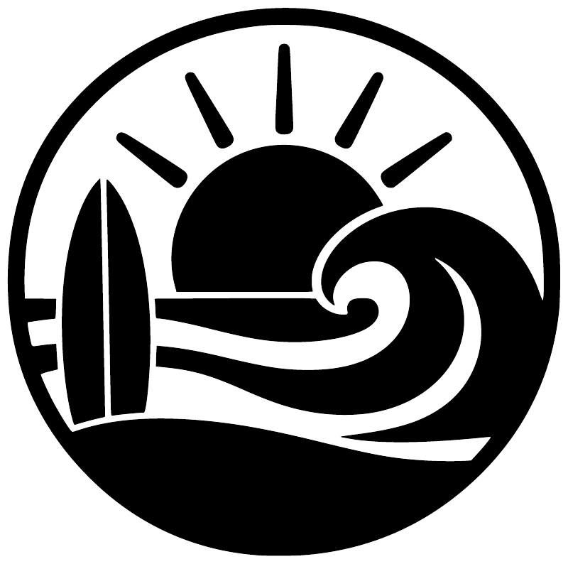 Round black vinyl surf badge decal with sun rays, surfboard, and wave swirl graphic
