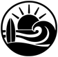 Round black vinyl surf badge decal with sun rays, surfboard, and wave swirl graphic