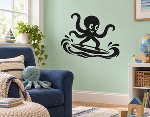 Octopus surfing vinyl wall decal, black octopus on surfboard
