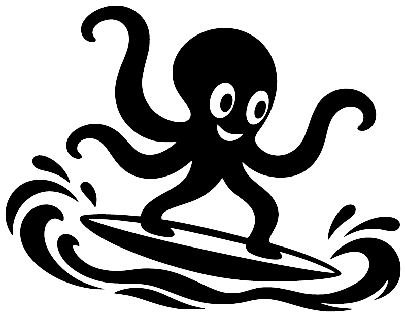 Octopus surfing vinyl decal close-up, black octopus with surfboard and waves