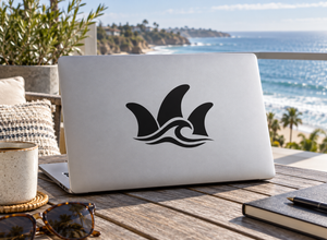 Surfing fin trio vinyl decal with black three-fin icon on a light surface