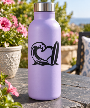 Black vinyl decal of heart in waves with surfboard, shown on a purple bottle