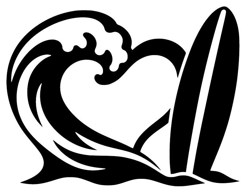 Heart-in-waves vinyl decal with surfboard, bold black outline on white background