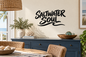 Vinyl wall decal with bold black "Saltwater Soul" script lettering