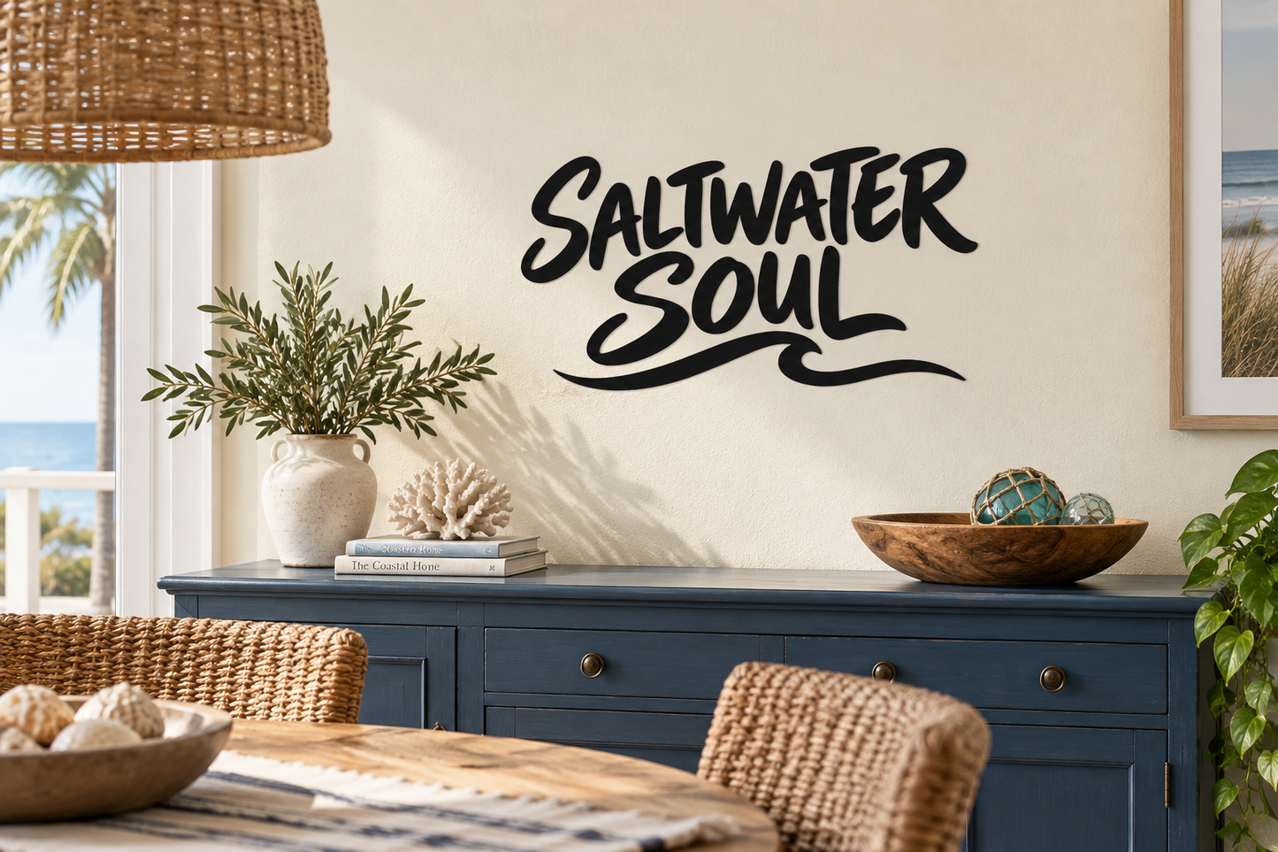 Vinyl wall decal with bold black "Saltwater Soul" script lettering