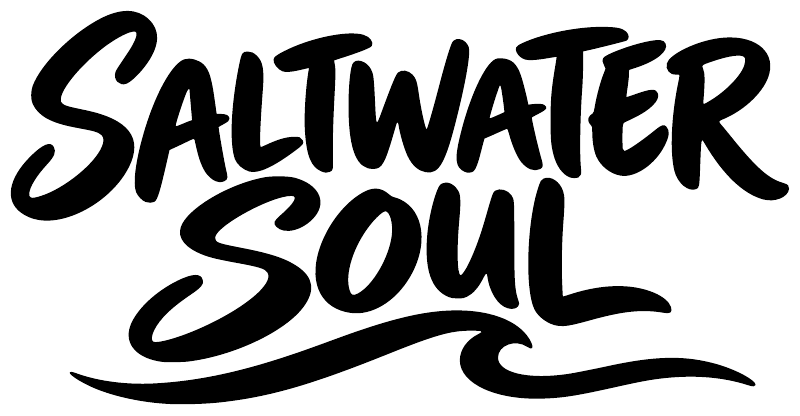 Vinyl decal close-up of black "Saltwater Soul" cursive lettering