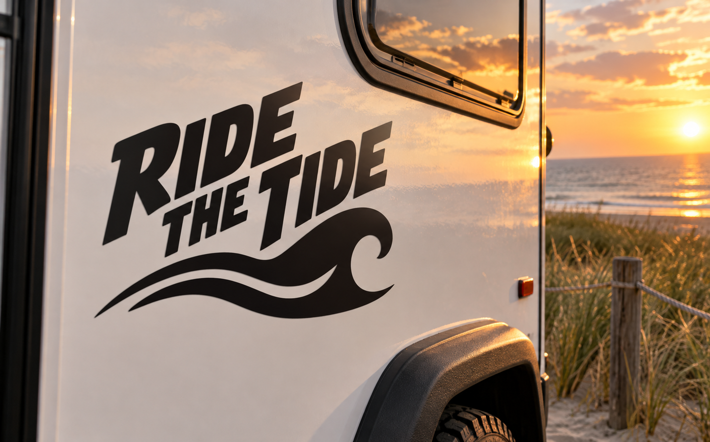 Vinyl decal with 'Ride the Tide' text and wave graphic on white surface