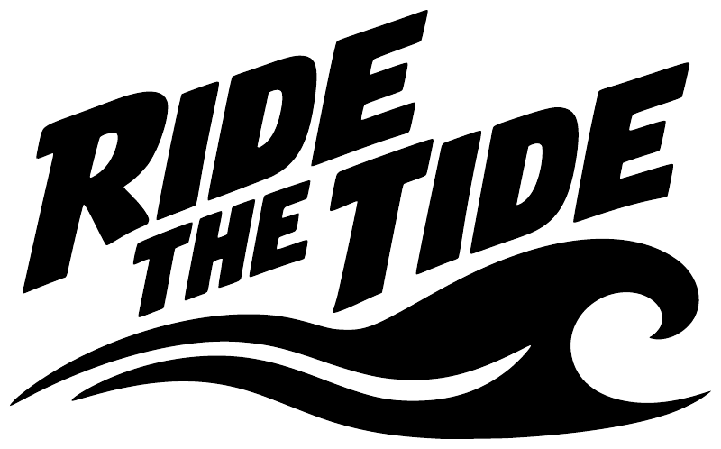 Vinyl decal closeup: 'Ride the Tide' lettering with wave and surf swoosh