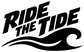 Vinyl decal closeup: 'Ride the Tide' lettering with wave and surf swoosh