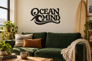 Ocean Mind surf vinyl wall decal in black with wave and swirl logo