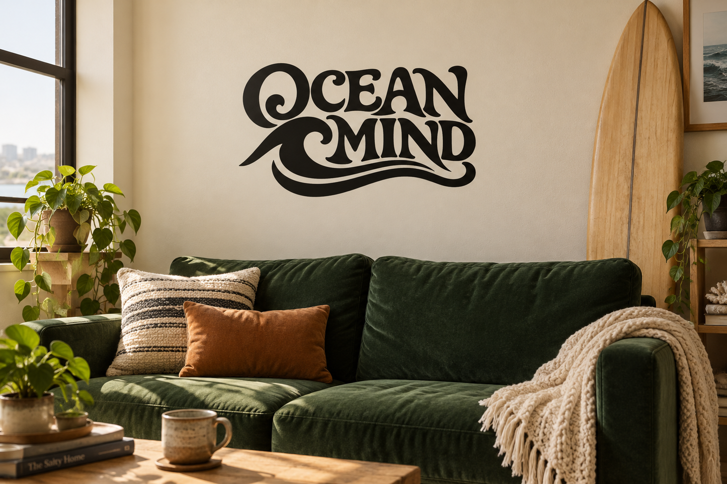 Ocean Mind surf vinyl wall decal in black with wave and swirl logo
