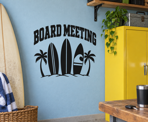 Black 'BOARD MEETING' vinyl decal with surfboard and palm tree icons