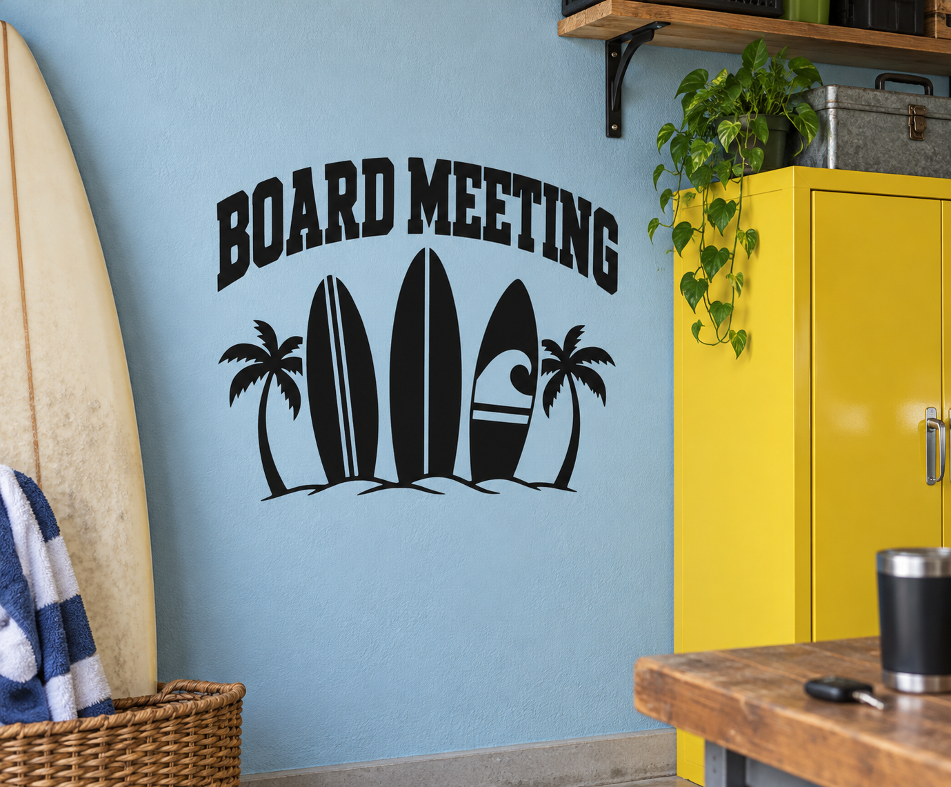 Black 'BOARD MEETING' vinyl decal with surfboard and palm tree icons