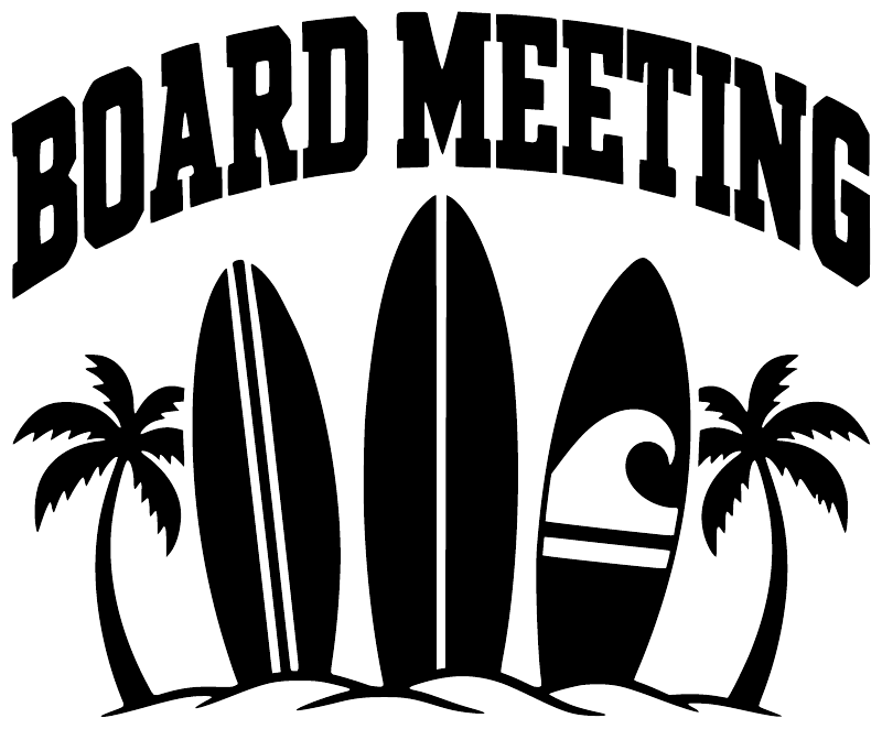 Large black 'BOARD MEETING' vinyl decal with surfboard silhouette and palm trees