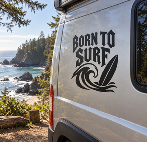 Vinyl decal with bold 'BORN TO SURF' lettering and surfboard with wave graphic