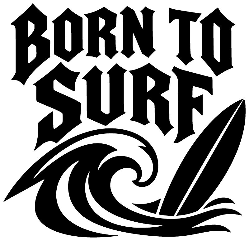 Vinyl decal: 'BORN TO SURF' text with surfboard and wave graphic