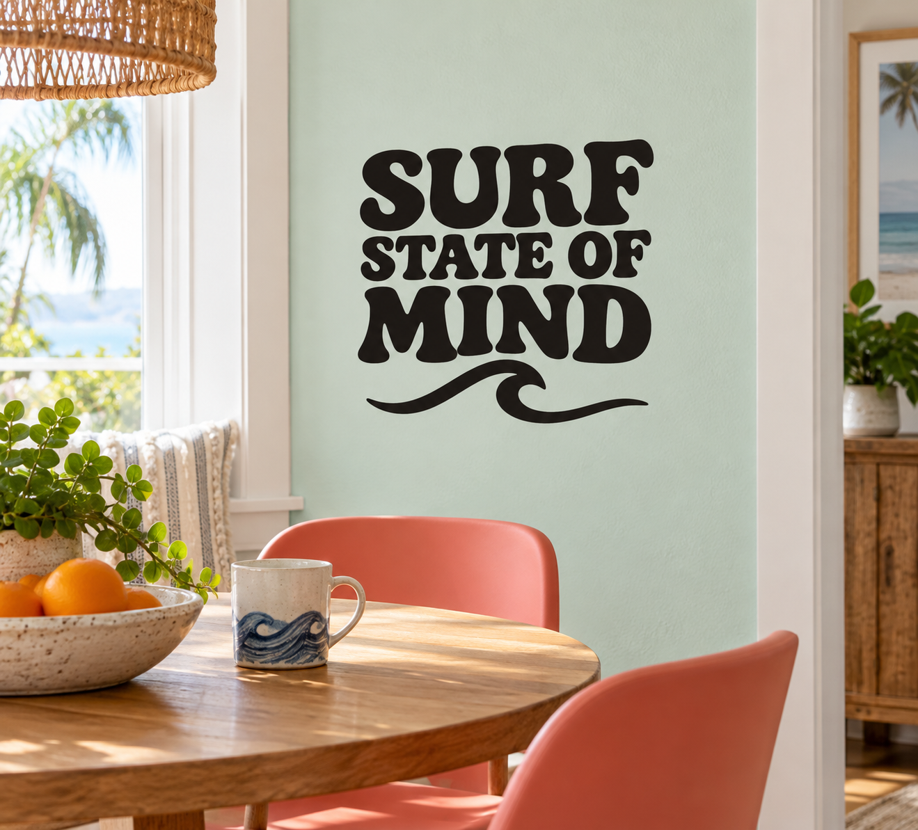 Black vinyl decal: 'SURF STATE OF MIND' with wave underline