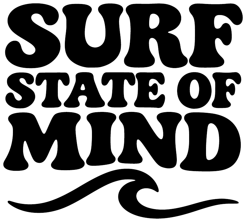 Black vinyl decal: 'SURF STATE OF MIND' lettering with wave