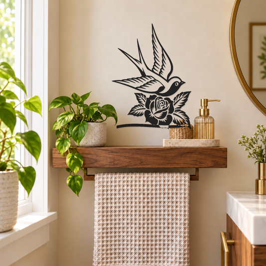 Swallow and rose vinyl wall decal, black bird with rose design