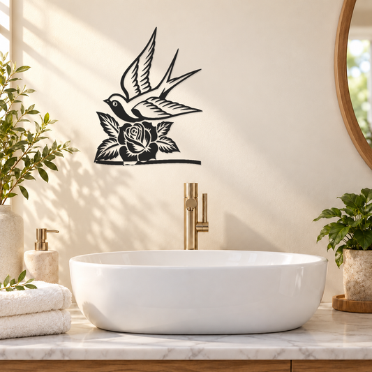 Black mirrored swallow-and-rose vinyl wall decal with wide horizon sweep
