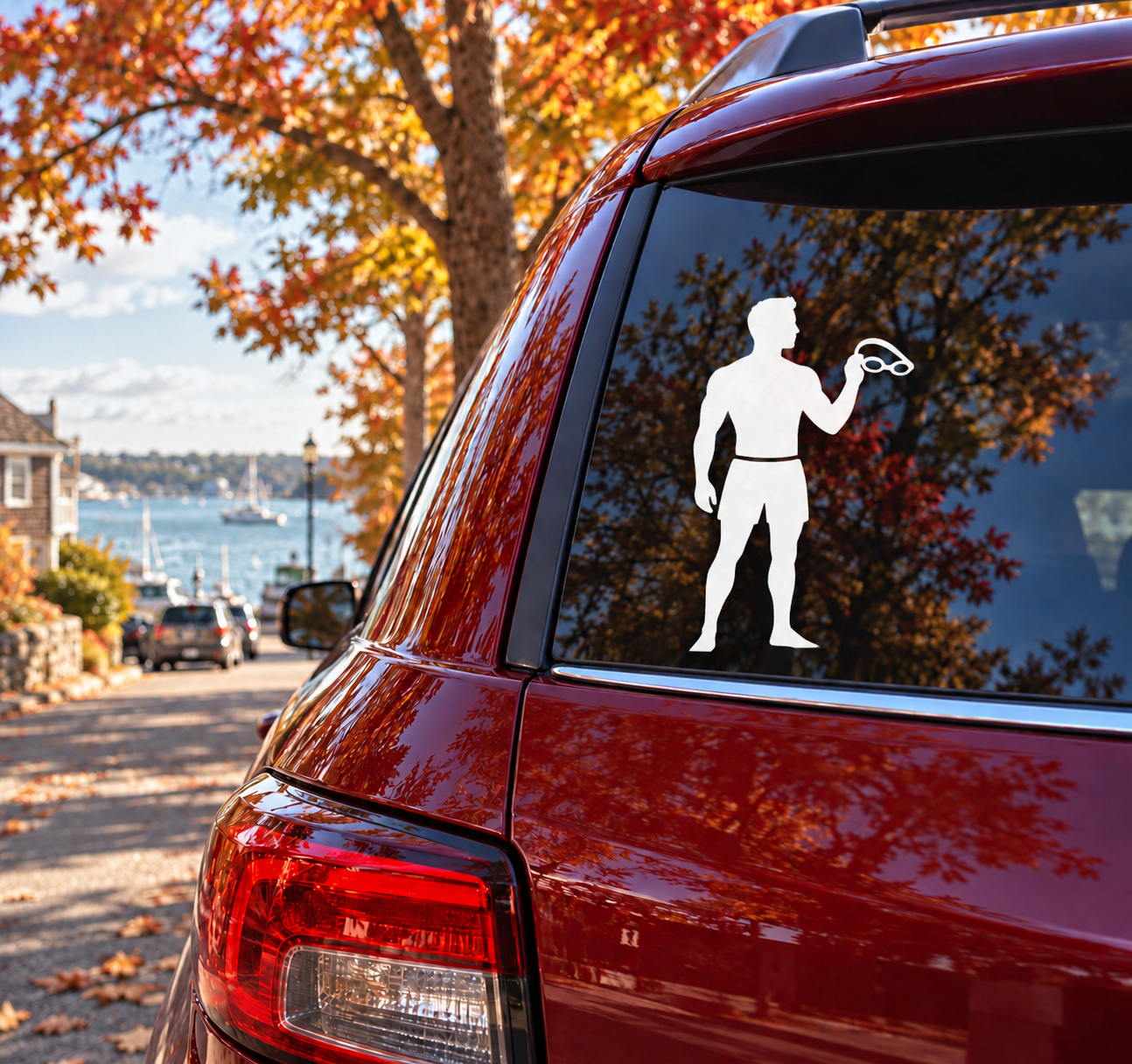 Swimmer with goggles vinyl decal for car window, white silhouette on glass