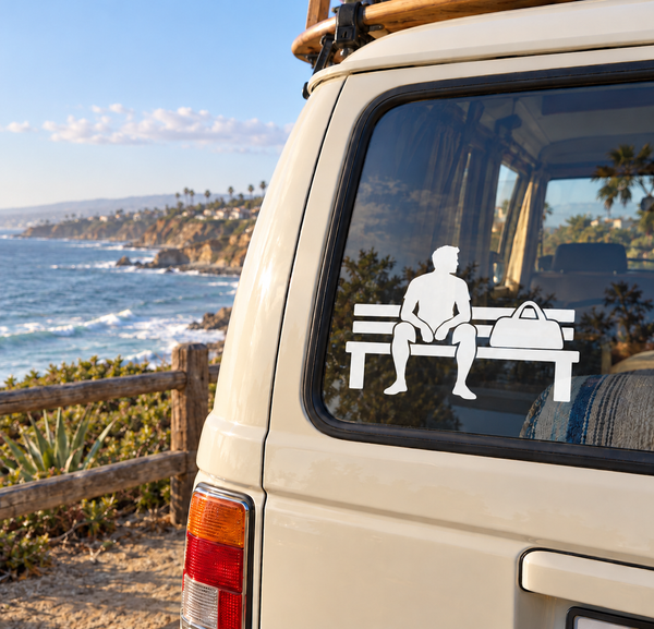 Swimming between laps vinyl decal with swimmer at bench and swim bag silhouette