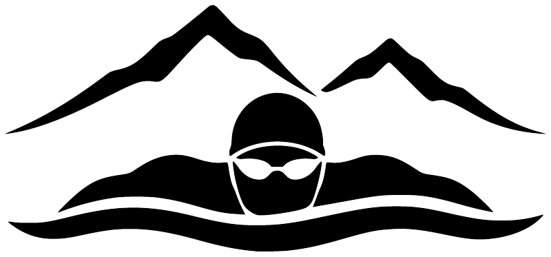 Black vinyl decal graphic: mountains, swimmer head, and wave stripes
