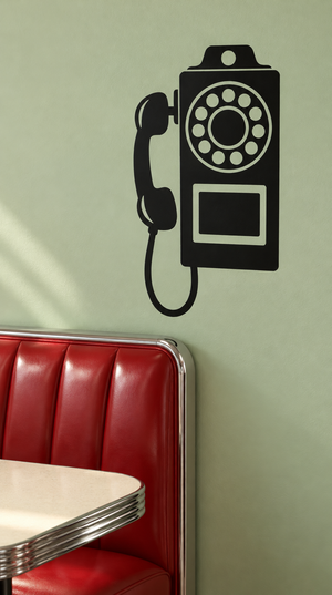 Retro payphone vinyl decal, black telephone handset and keypad design.
