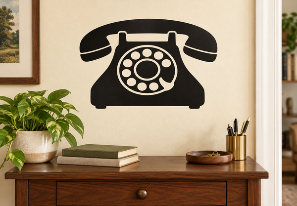 Rotary phone silhouette vinyl decal, black with white dial and handset outline