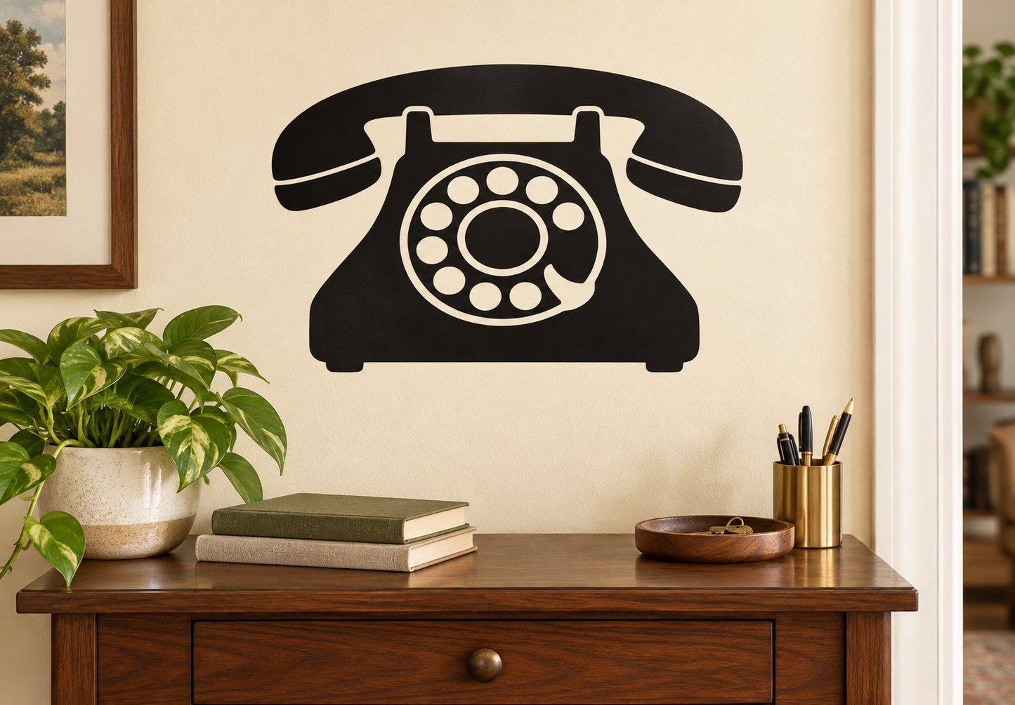 Rotary phone silhouette vinyl decal, black with white dial and handset outline