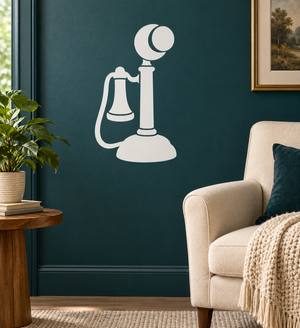 Candlestick telephone vinyl decal with white outline of old candlestick phone