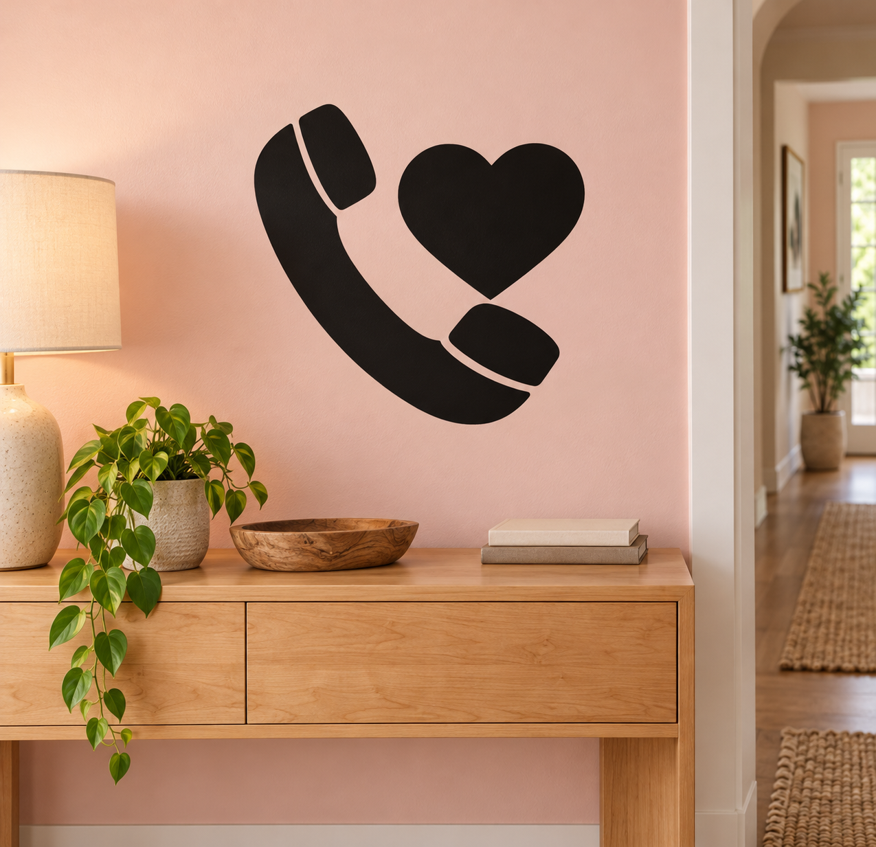 Black telephone handset and heart vinyl wall decal