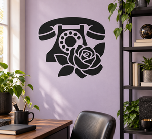 Telephone and rose vinyl decal: black phone with white rose outline on wall
