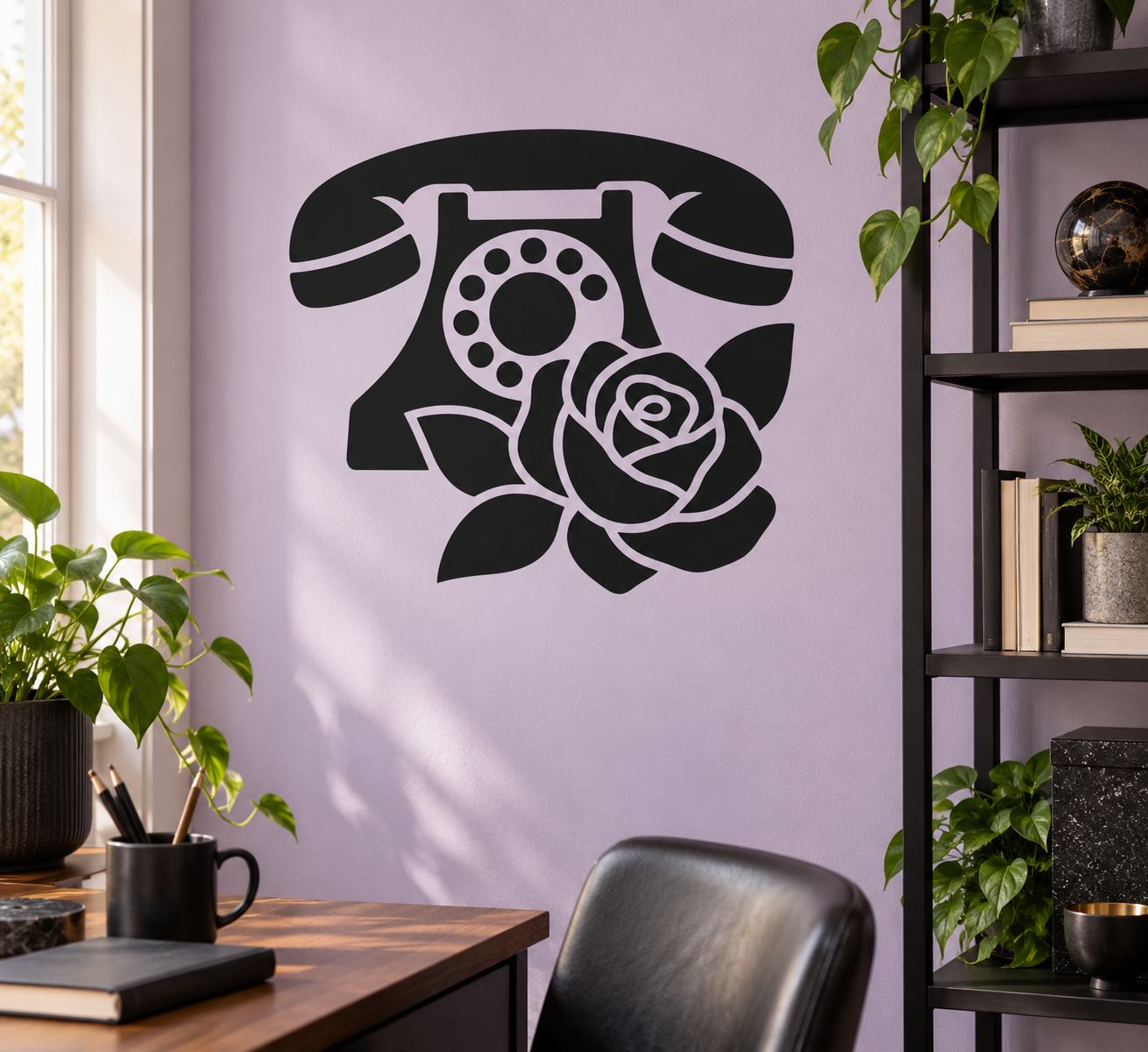 Telephone and rose vinyl decal: black phone with white rose outline on wall
