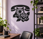 Telephone and rose vinyl decal: black phone with white rose outline on wall