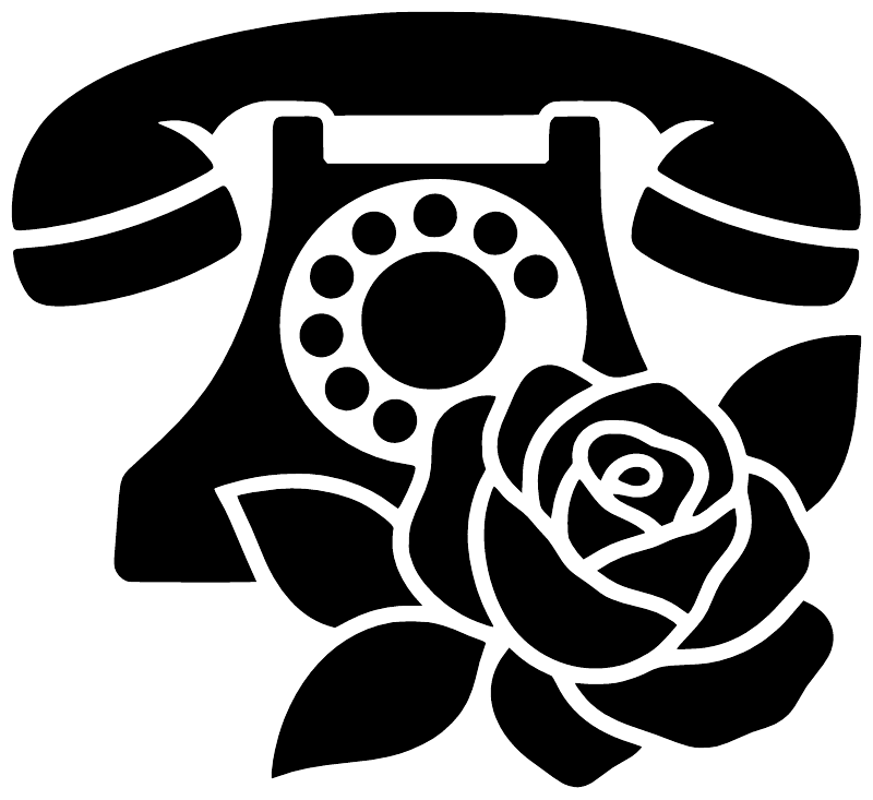 Close-up telephone and rose vinyl decal, black telephone with white rose graphic