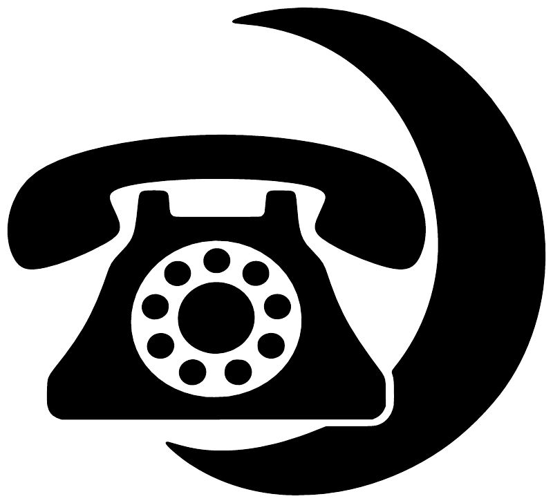 Black telephone and crescent moon vinyl decal graphic on white.
