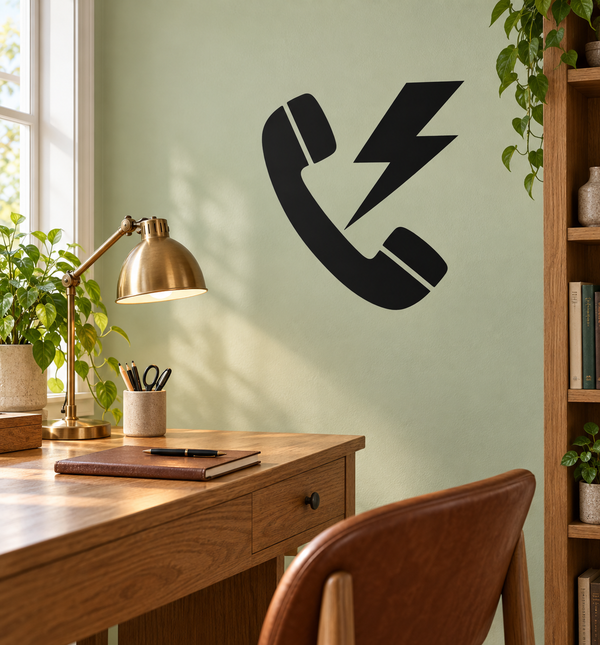 Telephone and lightning bolt vinyl decal, black icon for wall