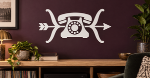 White telephone and bow vinyl wall decal, phone icon with arrow-like accents