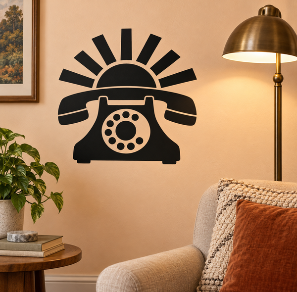 Black vinyl telephone decal with sunburst rays and rotary phone icon
