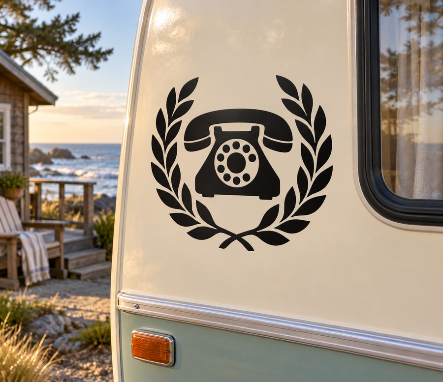 Black telephone icon vinyl decal with laurel wreath design, for camper door