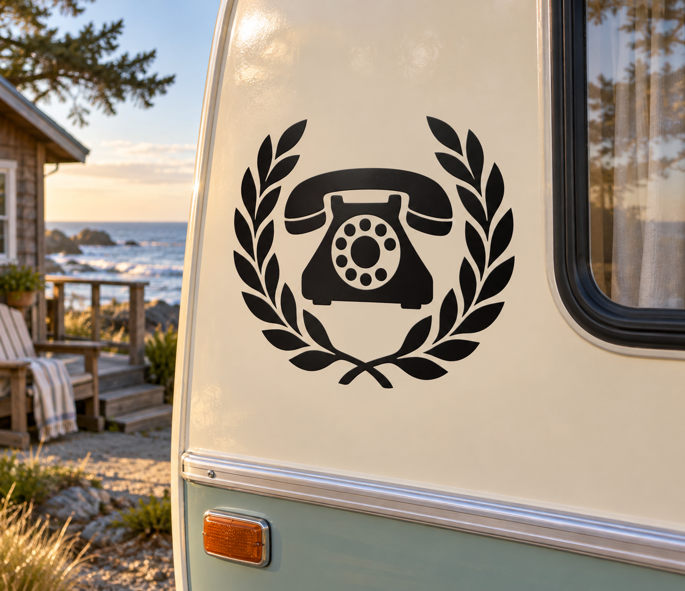 Black telephone icon vinyl decal with laurel wreath design, for camper door